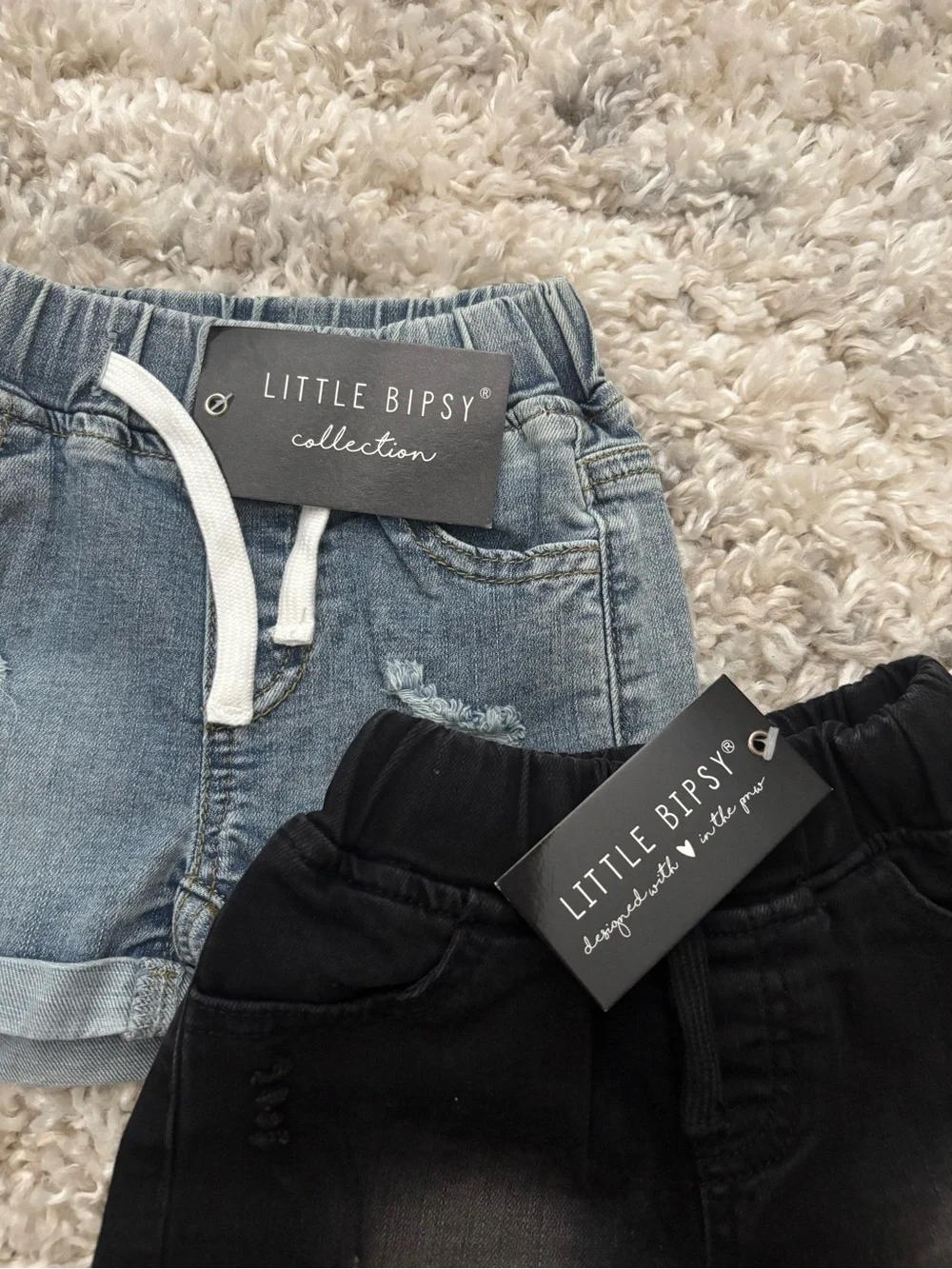 NWT Little Bipsy Two-Pack Distressed Denim Shorts in Light Blue & Black